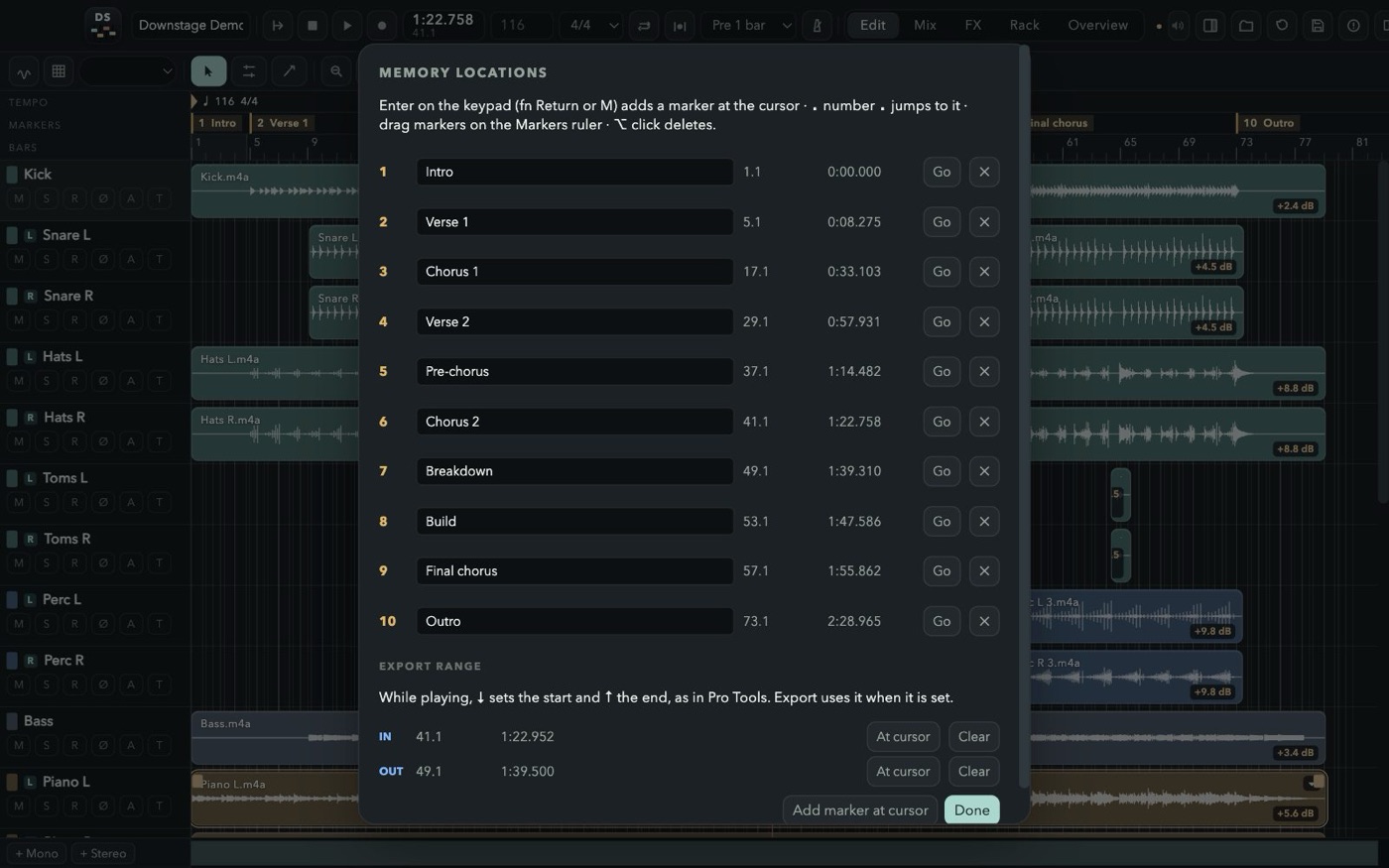 Memory Locations with the song's markers and the export range